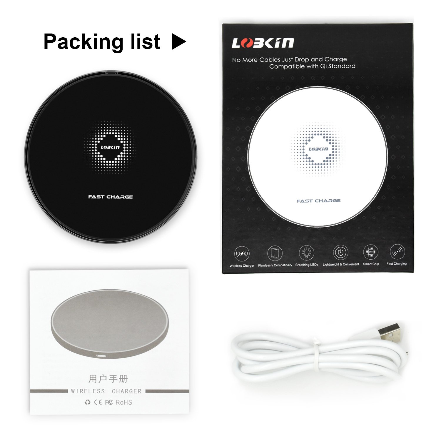 Fast Wireless Charger, LOBKIN Ultra Slim Qi Wireless Charger QC 3.0 Quick Charge Portable Charging Pad for iPhone X, iPhone 8/8 Plus, Samsung Galaxy S9/S9 Plus/Note 8/S8/S8 Plus (Black)