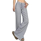 Bosloga Striped Wide Leg Pants for Women - Casual Loose Fit High-Waisted Drawstring Pajama Pants - Straight Trousers