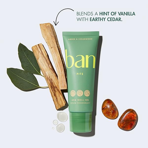 BAN INVISIBLE ROLL-ON ALUMINUM-FREE AHA DEODORANT FOR WOMEN AND MEN, EXFOLIATES AND HYDRATES SKIN WITH AHA SERUM, 48-HOUR ODOR PROTECTION, AMBER & CEDARWOOD, 2.3 OZ