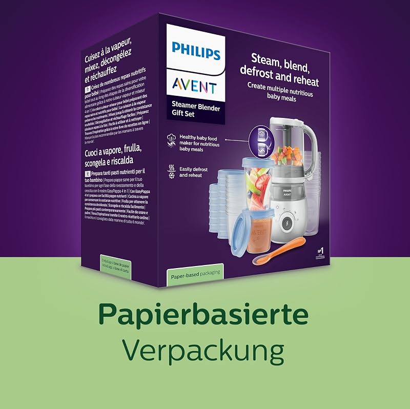 Avent Geschenkset mit Dampfgarer und Mixer – 4-in-1-Babynahrungszubereiter, Dampfgaren, Mixen, Entfrosten und Aufheizen von Babynahrung, mit Milchbehältern und Deckeln, SCF883/20