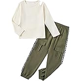 Hihosdor Girls Clothes Long Sleeve Ribbed Knit Cold Shoulder Top and Cargo Pant Set Teen Girls Outfits 6-12 Years