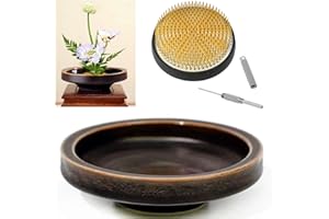 EGGONE Japanese Classical Ikebana Vase Kit, Minimalist Ceramics Flower Pot Flower Shallow Container with 2.4inch Flower Frog and 2-in-1 Flower Arrangement Kenzan Needle Straightening Tool