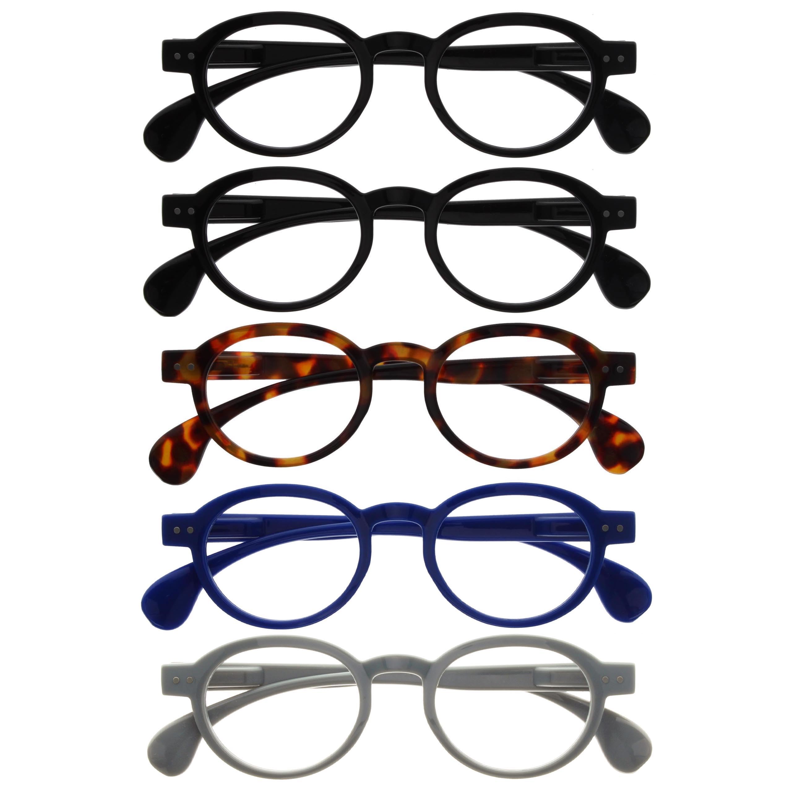 OPULIZE OCA Reading Glasses - 5-Pack - Modern Retro Round Frame - Black Brown Blue Grey - Mens Womens - Spring Hinges - RRRRR54-11237 - +1.50