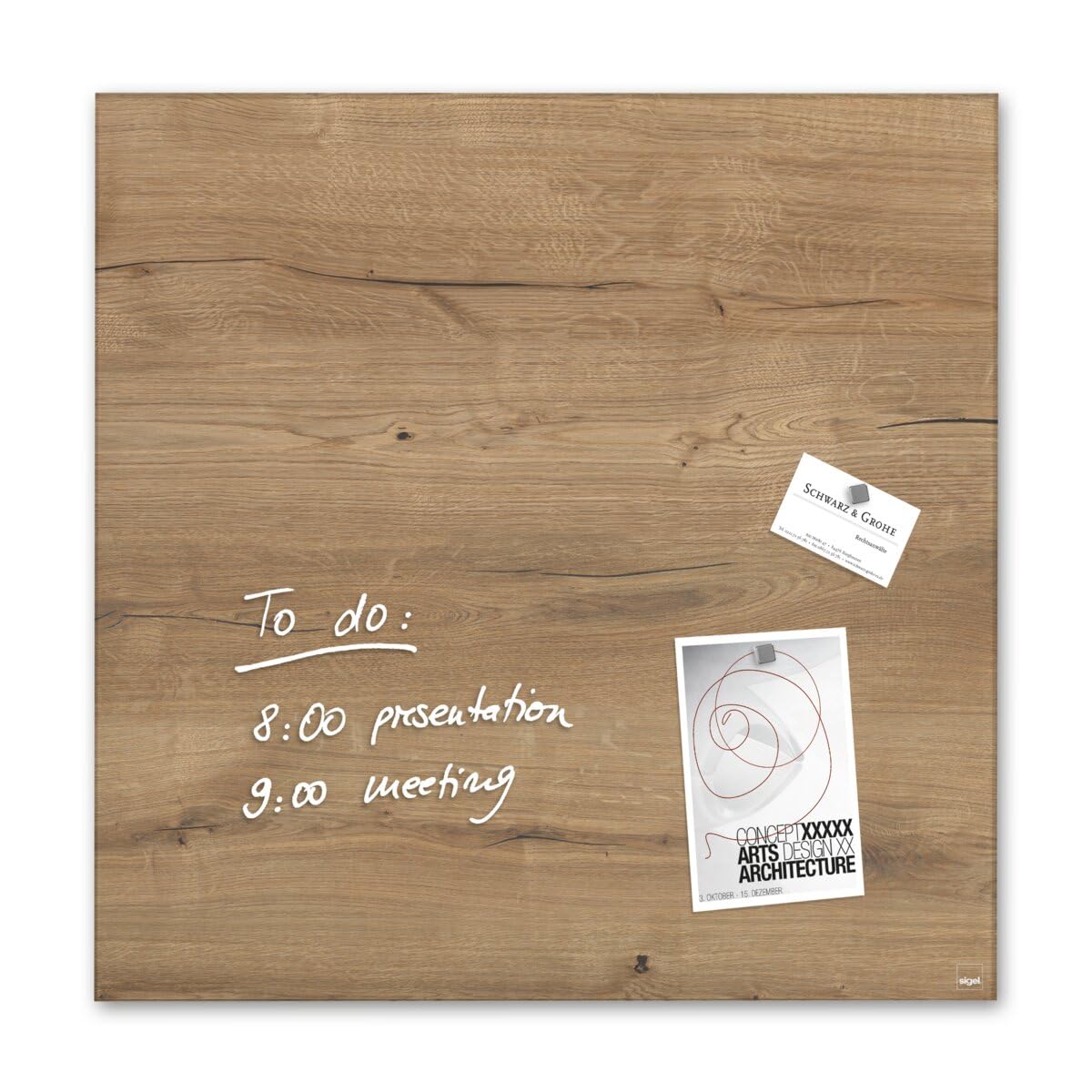 SIGEL GL254 Premium Glass magnetic Board, glossy surface, 48 x 48 cm, easy mounting, brown - Artverum