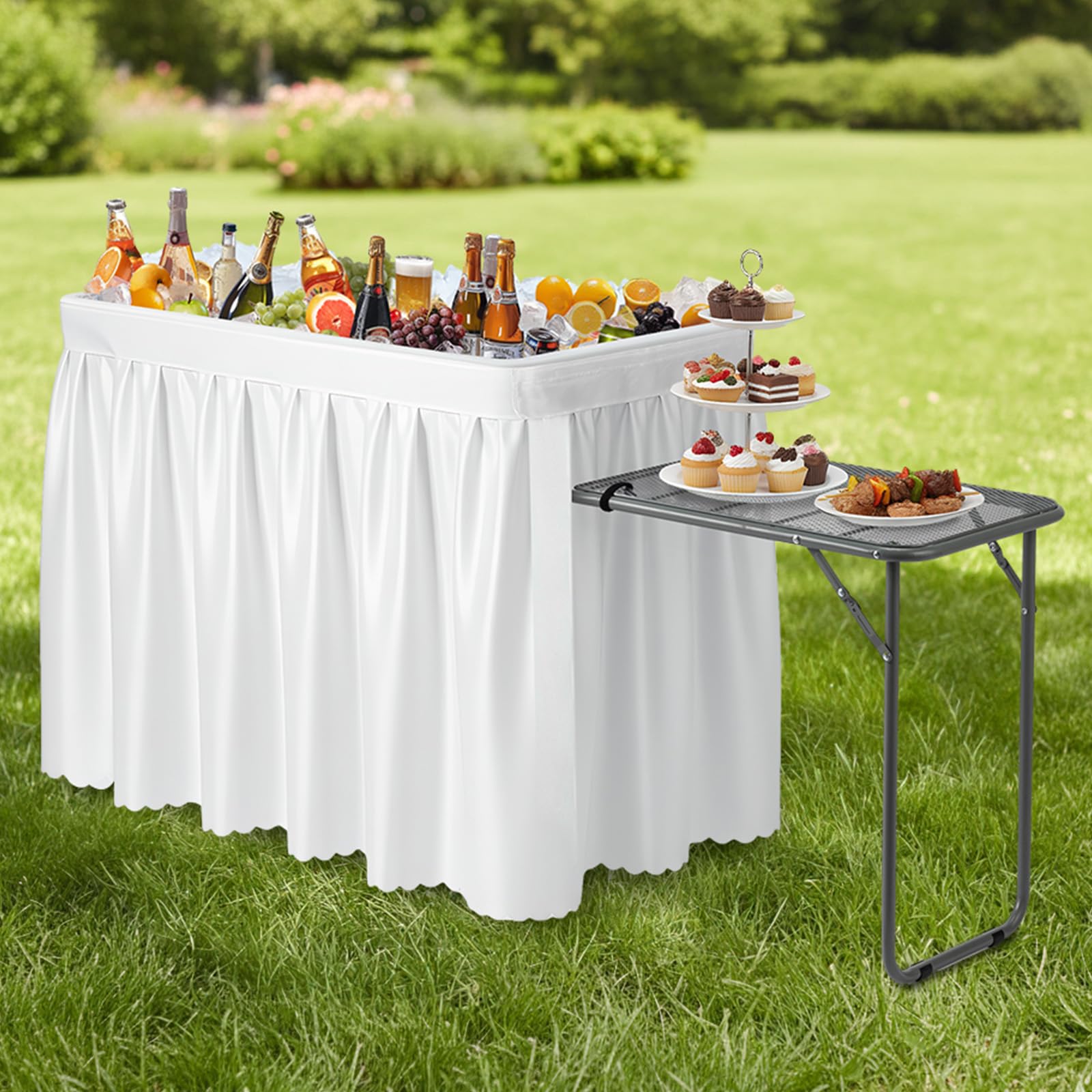 VINGLI Ice Table with Side Table, Portasble Cooler Table with Removable Skirt, Patio Table, Indoor & Outdoor Bar for Events, Parties and Camping White Image