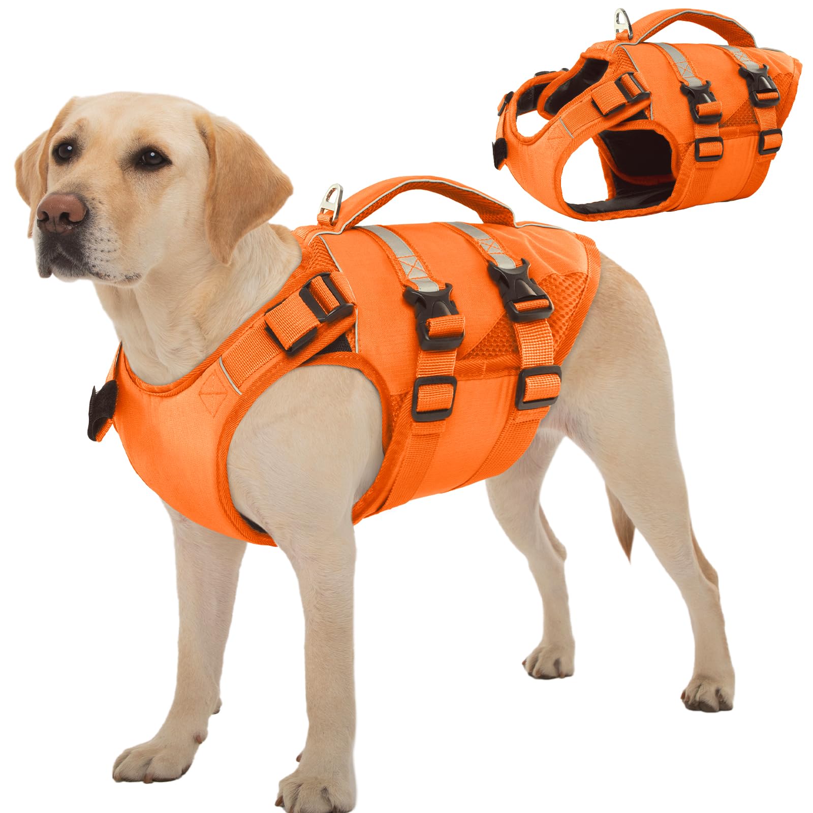 Photo 1 of Kuoser Dog Life Jacket, High Flotation Dog Life Vest for Swimming Boating, Adjustable Ripstop Pet Lifesaver for Small Medium and Large Dogs, Reflective Safety Puppy Swimming Vest with Rescue Handle