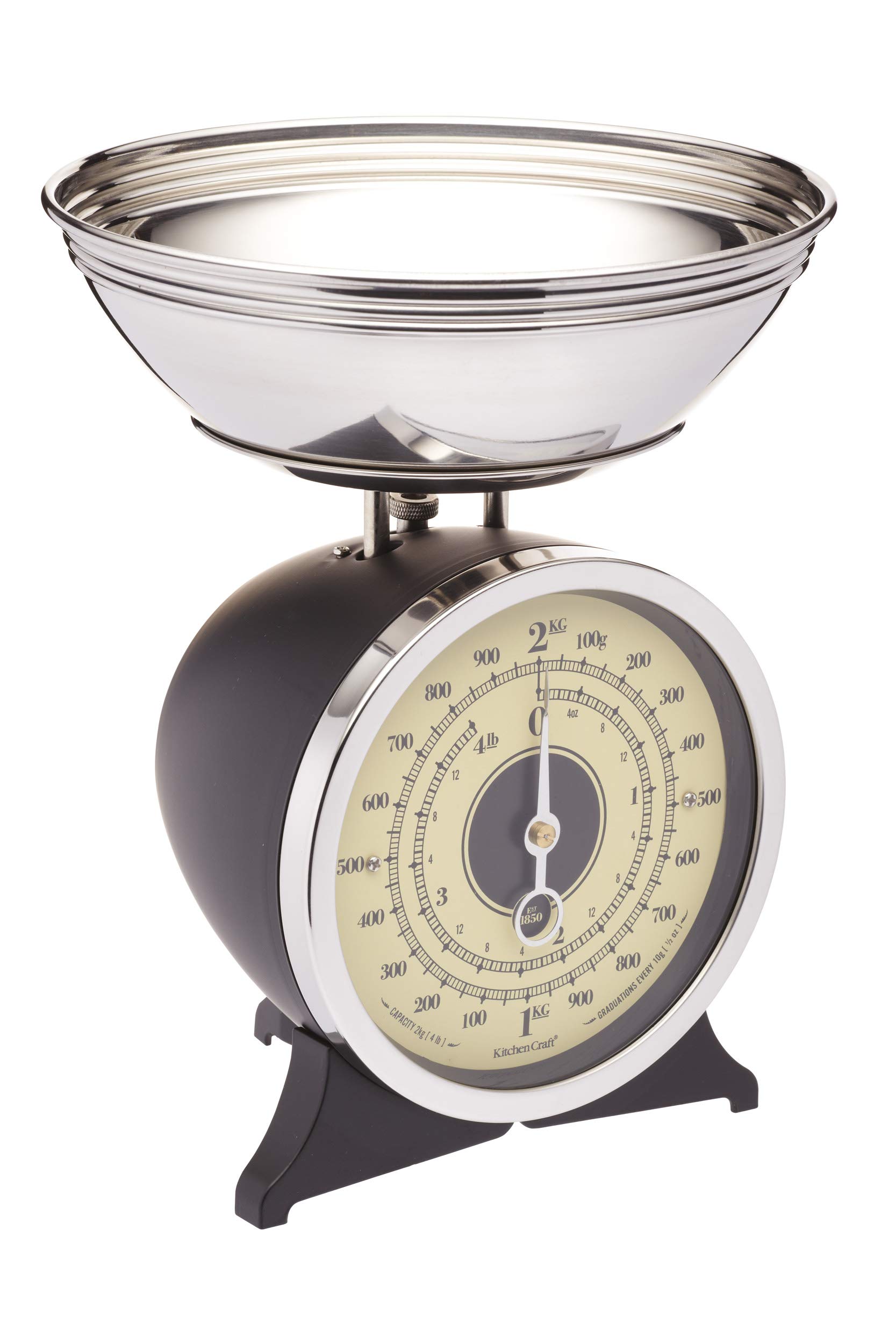 KitchenCraft Classic Collection Mechanical Kitchen Scales with Bowl, Black, 2 kg Capacity