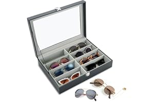 MAOPINER 8 Slot Eyeglass Sunglass Storage Box, Sunglasses Organizer with Clear Glass Display, Black PU Leather Multi Eyeglass