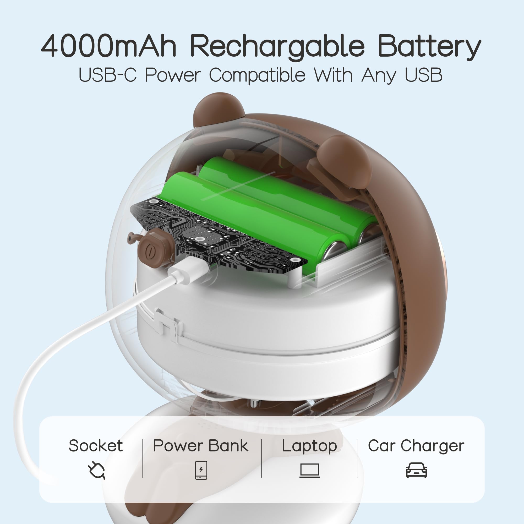 Cute Bear Stroller Fan Clip On for Baby, Portable Bladeless Fans 4 Speeds Oscillating, 4000mAh Rechargeable Battery Powered, Flexible Tripod Strong Cooling for Bedside Crib Car Seat