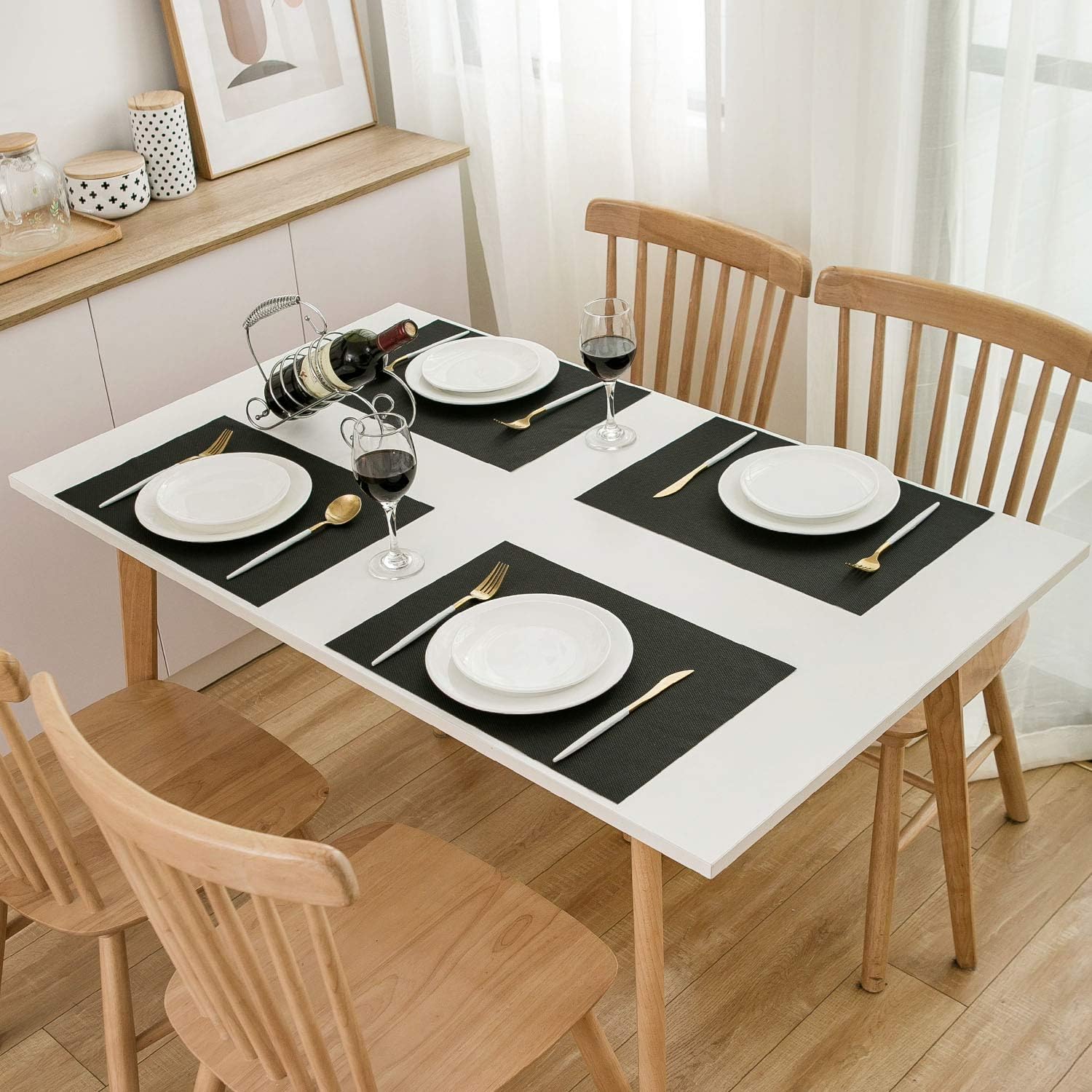Placemats Place Mat Black Table Mats Set of 6 Non Slip Easy to Clean Wipeable Crossweave Woven Vinyl Washable Place Mats for Dining Kitchen Restaurant Table: Home & Kitchen