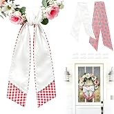 HelpyLife 2Pcs Wreath Sash for Front Door, Layered Gingham &amp; RIC Rac Sashes | White and Red Plaid, Detachable Sashes, Embroidery Fabric, 10 Fixing Clips, for Wedding, Christmas, Indoor Outdoor Home Decor