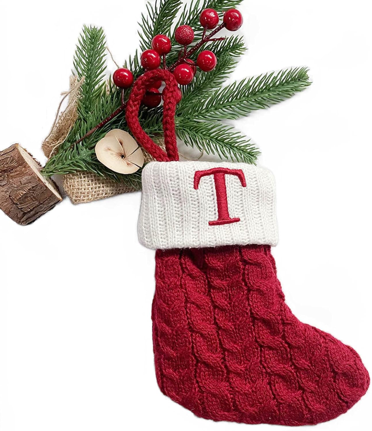 Stockings & Holders - QINMAO Mini Stockings with Initials,Christmas Stocking with 26 Letter,Mini Christmas Stockings Knit Embroidered Initial Letter Xmas Stockings (T)