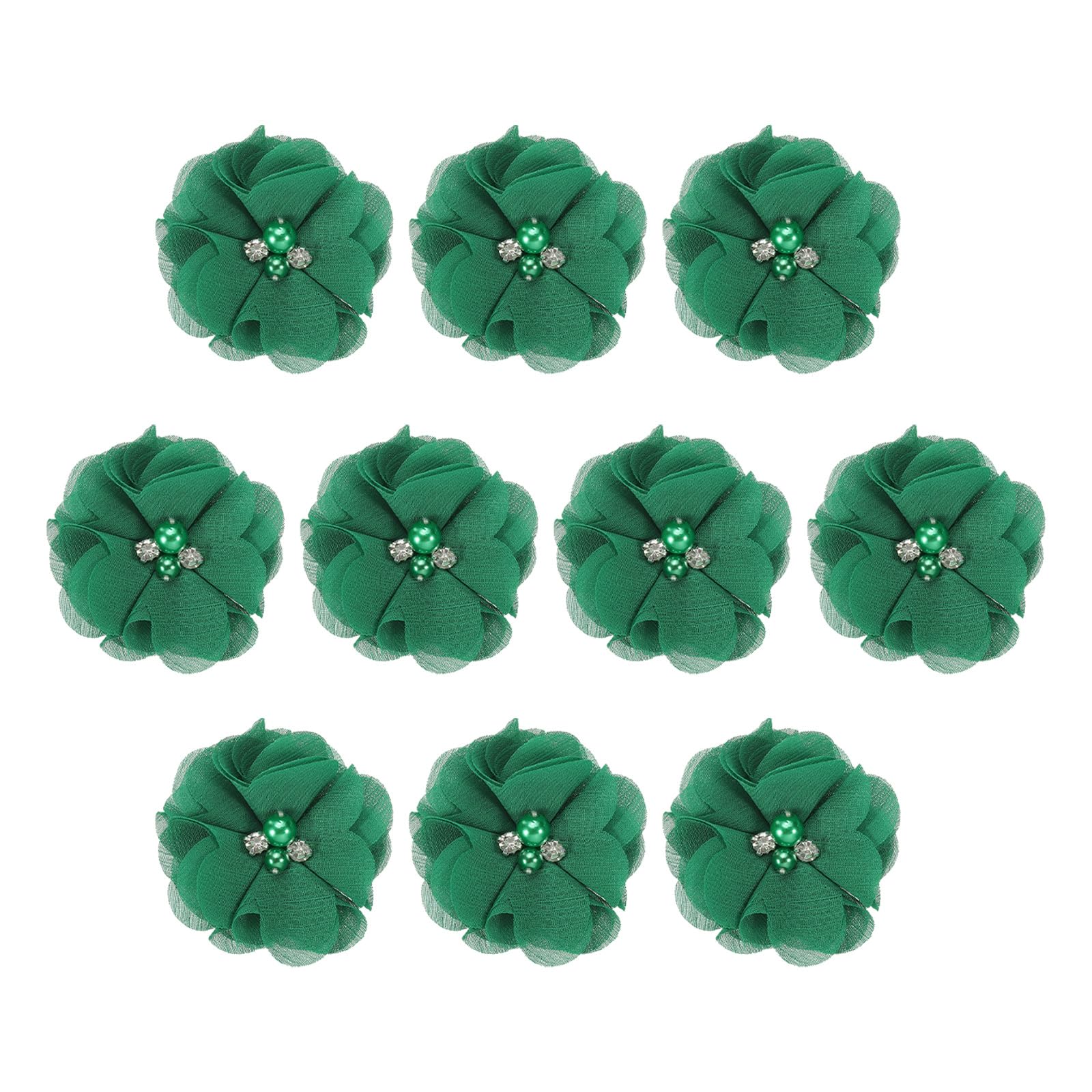 PATIKIL 2" Chiffon Flowers, 10Pcs Fabric Flowers Sewing Appliques Embellishments with Rhinestone Pearl for DIY Crafts Wedding Headbands Party Decoration, Green