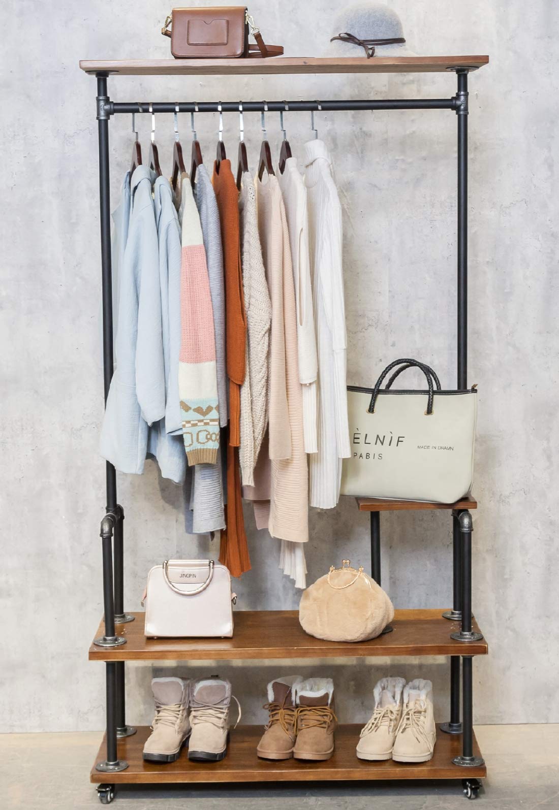 hall clothes rack on Industrial Clothing Rack Pipe Style Rolling Garment Rack Heavy Duty Steampunk Clothes Rack Hall Tree On Lockable Wheels With Shelf And Shoes Storage For Home Retail Store Rustic Wood Black Pipe Buy