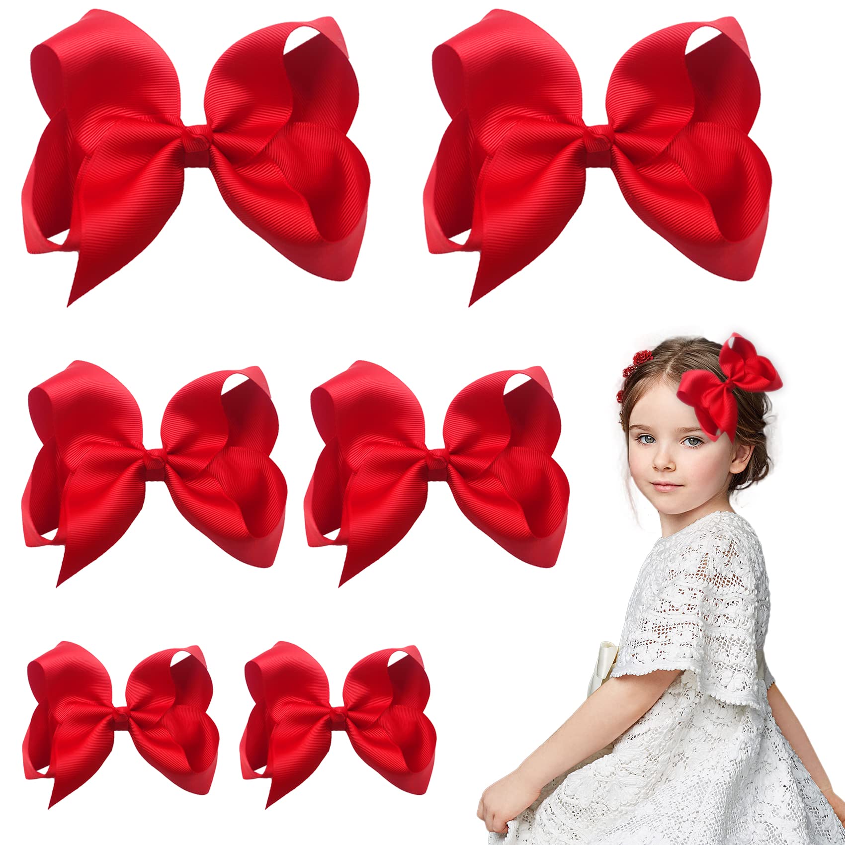 Nideen 6 Pack Red Hair Bow Clips for Girls, 3 Sizes (6, 4, 3 Inch), School Hair Accessories, 1 Count (Pack of 1)