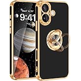 Fingic for iPhone 16 Plus Case[with 360°Rotatable Ring Holder][Support Magnetic Car Mount]Shiny Plating Gold Slim Thin Soft TPU Rugged Bumper Shockproof Case for iPhone 16 Plus for Women Men,6.7"Black