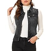 Allegra K Women's Buttoned Washed Denim Vest Jacket W Chest Flap Pockets