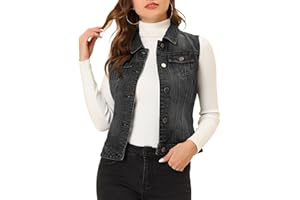Allegra K Women's Buttoned Washed Denim Vest Jacket W Chest Flap Pockets