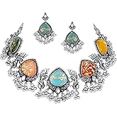 Parshwa Creation Oxidized Silver Necklace Set with Multicolor Stones, Traditional Peacock Design, Resin Beaded Choker with Matching Earrings, Indian Ethnic Wedding Jewelry For Women