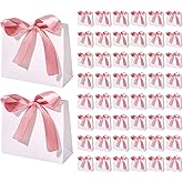 GLOBLELAND 50 Pcs White Paper Gift Bags Bulk with Pink Bow Ribbon 4.49''x3.94''x1.77'' Thank You Gift Bags with Handles Mini Party Favor Bag for Wedding Bridal Shower Birthday