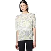 Calvin Klein Womens Short Sleeve High Neck Accordion Chiffon Blouse