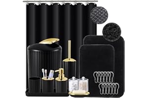 XLHOMO Black and Gold Bathroom Set with Shower Curtain and Rugs, Bathroom Accessories Sets with Extra Soft and Absorbent Bath Rugs Shower Curtain Black Bathroom Sets for Bath