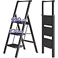 JOISCOPE 3 Step Ladder, Foldable Step Stools for Adults with Wide Anti-Slip Pedal, 600lbs Lightweight Sturdy Steel Ladder,Convenient Handgrip,Portable Folding Ladder for Home Kitchen Office,Black