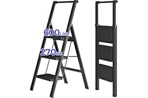 JOISCOPE 3 Step Ladder, Foldable Step Stools for Adults with Wide Anti-Slip Pedal, 600lbs Lightweight Sturdy Steel Ladder,Convenient Handgrip,Portable Folding Ladder for Home Kitchen Office,Black
