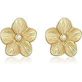 GILIEYER Gold Flower Earrings, Stainless Steel Metal Flower Stud Earrings Silver Statement Earrings for Women Floral Earrings Trendy Jewelry for Women