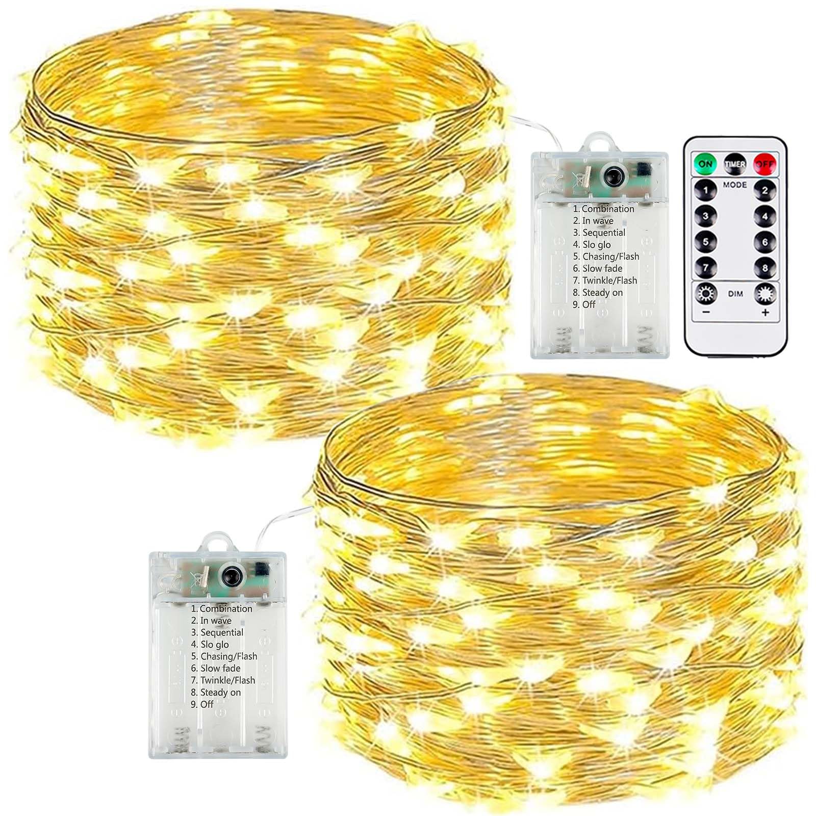 Photo 1 of 2-Pack 50 LED Fairy Lights Battery Operated with Remote Control Timer, 16 FT 50 LED Battery Lights Outdoor Indoor, 8 Mode Twinkle String Lights for Classroom Party Bedroom Christmas Décor (Warm White)