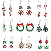 Canboer Christmas Earrings Set for Women Chritmas Ornament Earrings Xmas Tree Jingle Bell Bow Snowflake Wreath Hook Dangle Earrings Holiday Festive Jewelry Gifts