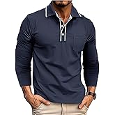 Mens Polo Shirts Long Sleeve Casual Stylish Collared Button Solid Color Golf T Shirts with Pocket
