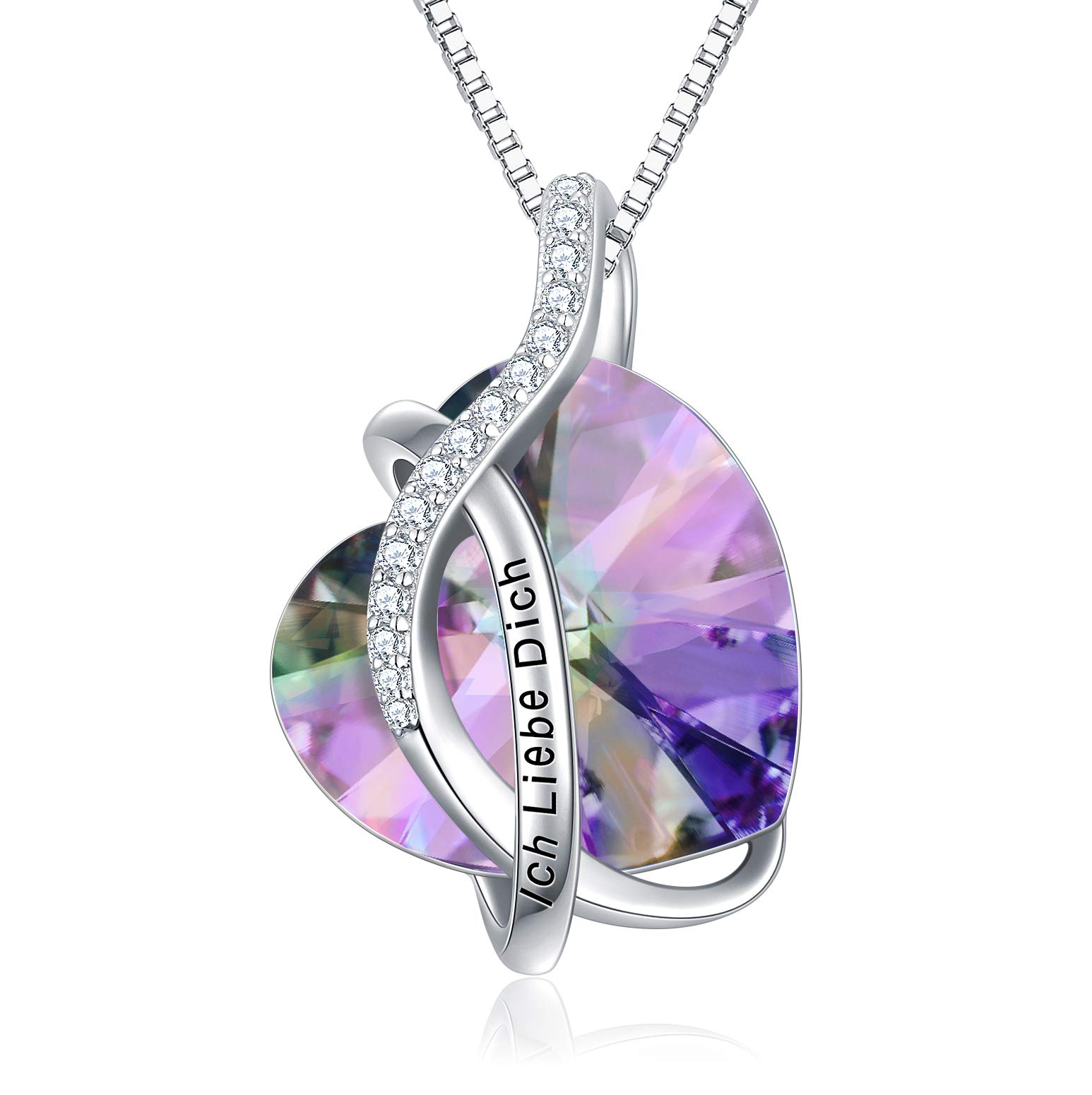 Sterling Silver Heart "I Love You" Necklace Ladies with Birthstone Crystals, Birthday Gift for Girlfriend Wife Mother You Women I Love You (Purple)
