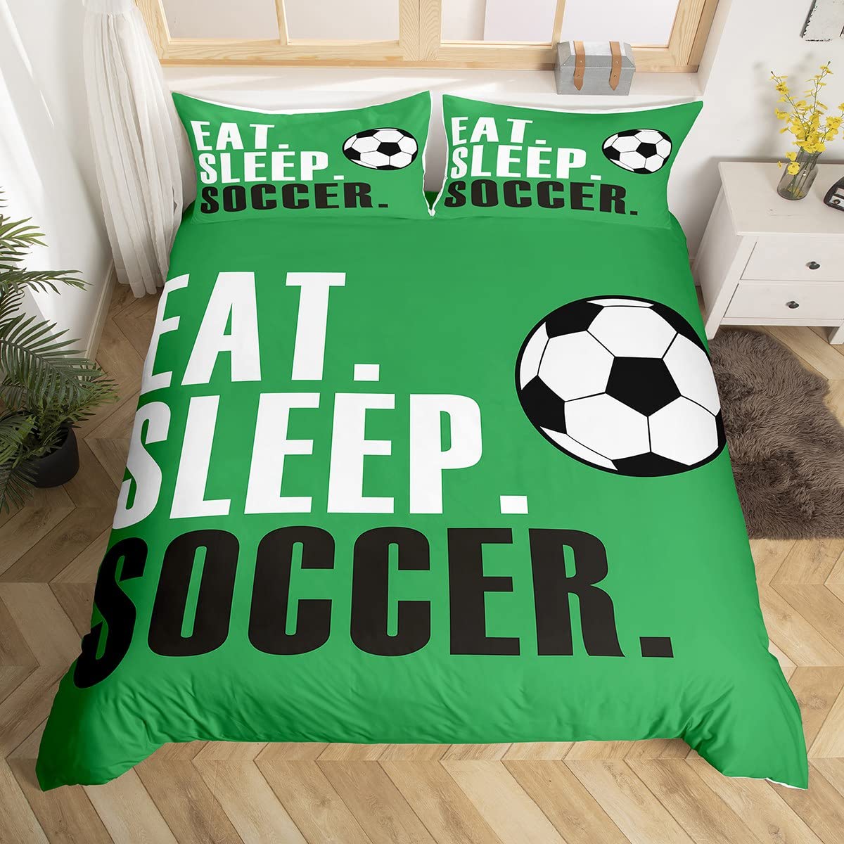 Loussiesd Football Comforter Cover Set Soccer Ball Sports Bedding Set for Boys Girls Women Men Green Eat Sleep Football Bedding Duvet Cover Set Ball Games Single Size Bedspread Cover 2Pcs