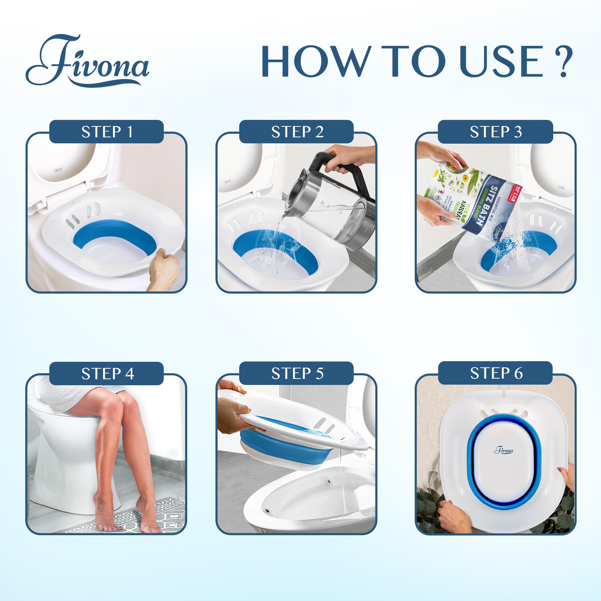 Fivona Sitz Bath for Toilet Seat Postpartum and Hemorrhoids Care - Yoni Steam Seat - Foldable Basin for Epsom Salt Soak - Portable Bidet BPA Free Temperature Resistant - Universal Fit - Blue