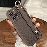 MOWIME Compatible with iPhone 15 Pro Max Case with Wrist Strap, [Upgraded] Adjustable Wristband Kickstand Case for Women Girls, Cheetah Print Shockproof Silicone Protective Cover 6.7 inch, Brown