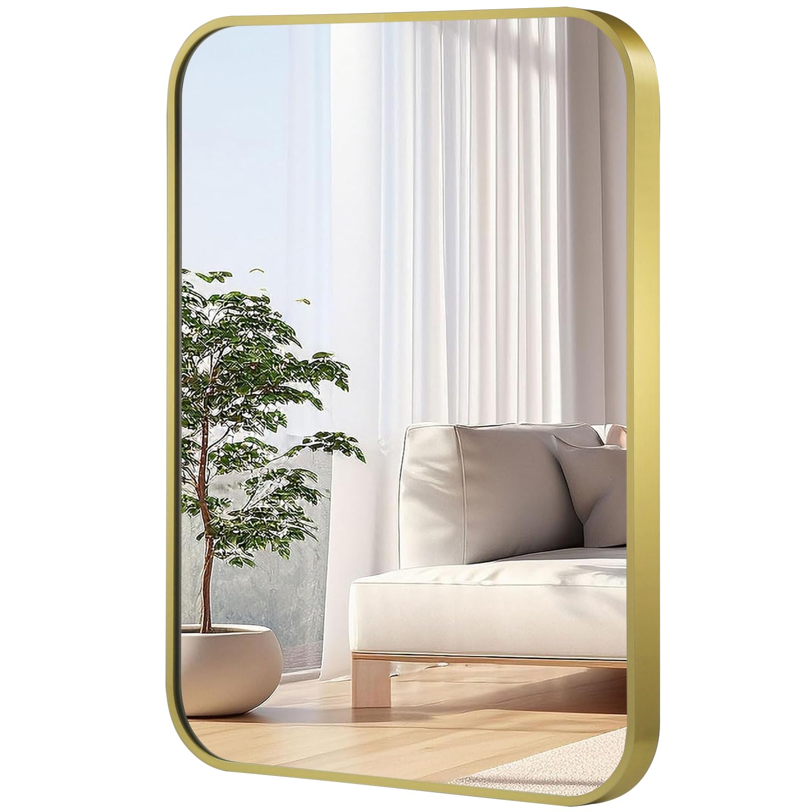 Photo 1 of JENBELY 26x38 Inch Gold Mirror, Framed Rectangle Mirror with Rounded Corner, Brushed Brass Mirror, Gold Bathroom Mirror for Over Sink, Vanity, Living Room, Bedroom, Horizontal/Vertical