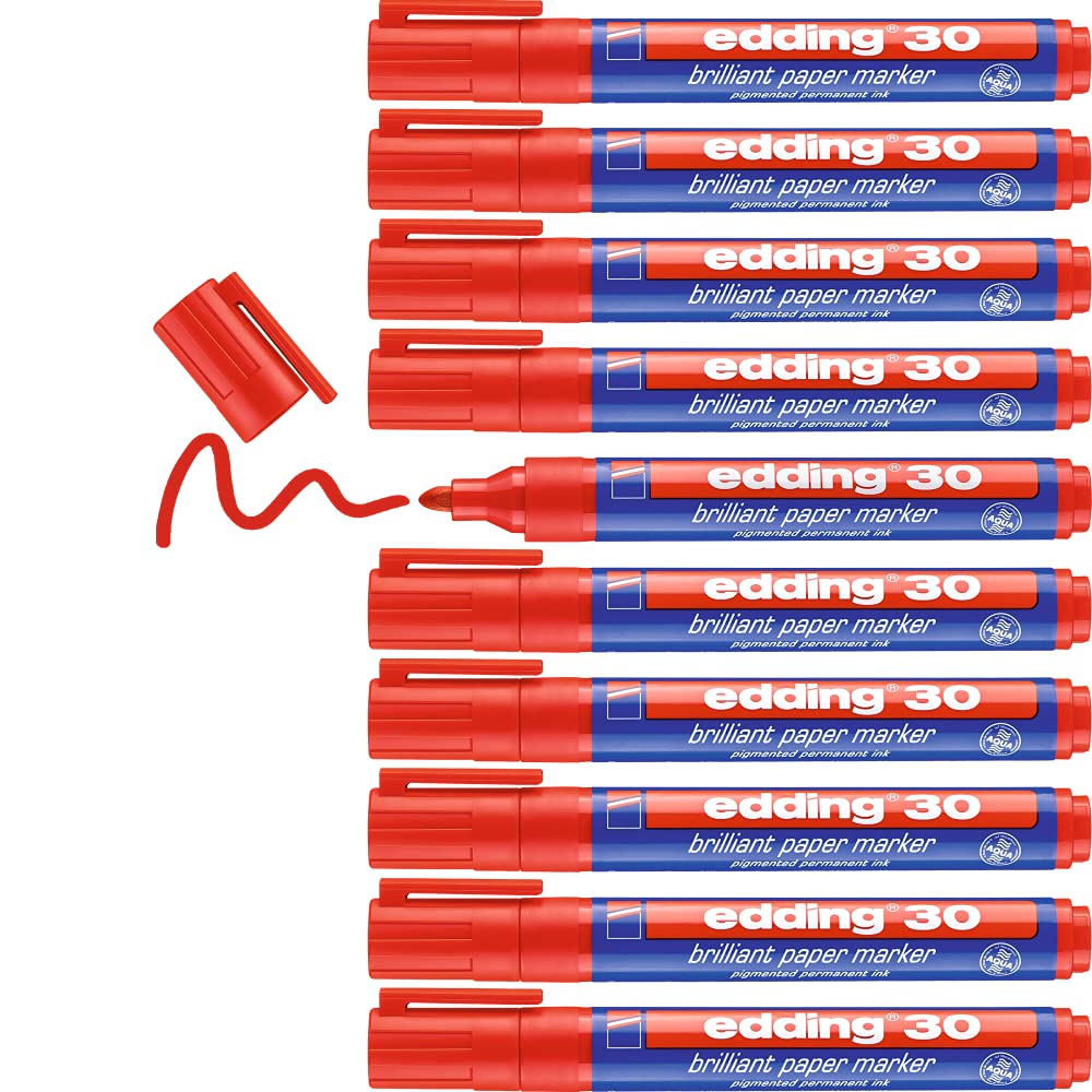 edding 30 brilliant paper marker - red - 10 waterproof permanent markers - round nib 1.5-3 mm - vibrant colours - lightfast marking on paper, card, cardboard, plastic, metal and glass