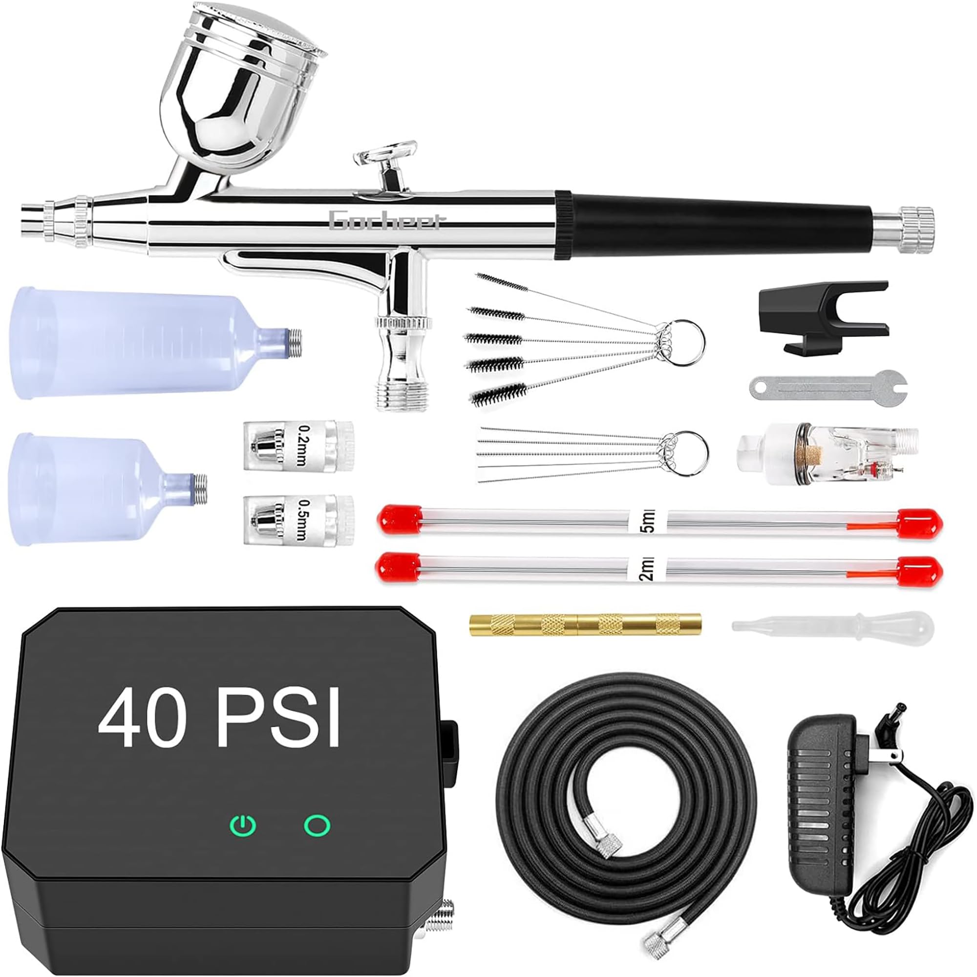 Photo 1 of Gocheer Airbrush Kit with Air Compressor, 40 48 PSI High Pressure Air Brush Non-Clogging with 0.2/0.3/0.5mm Nozzle/Cleaning Sets, Ideal for Painting, Modeling, Cake Decor, Makeup (Black, 40 PSI)