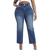 Gocolloa Plus Size Jeans for Curvy Women Straight Leg Stretchy High Waisted Casual Loose Denim Pants with Pockets
