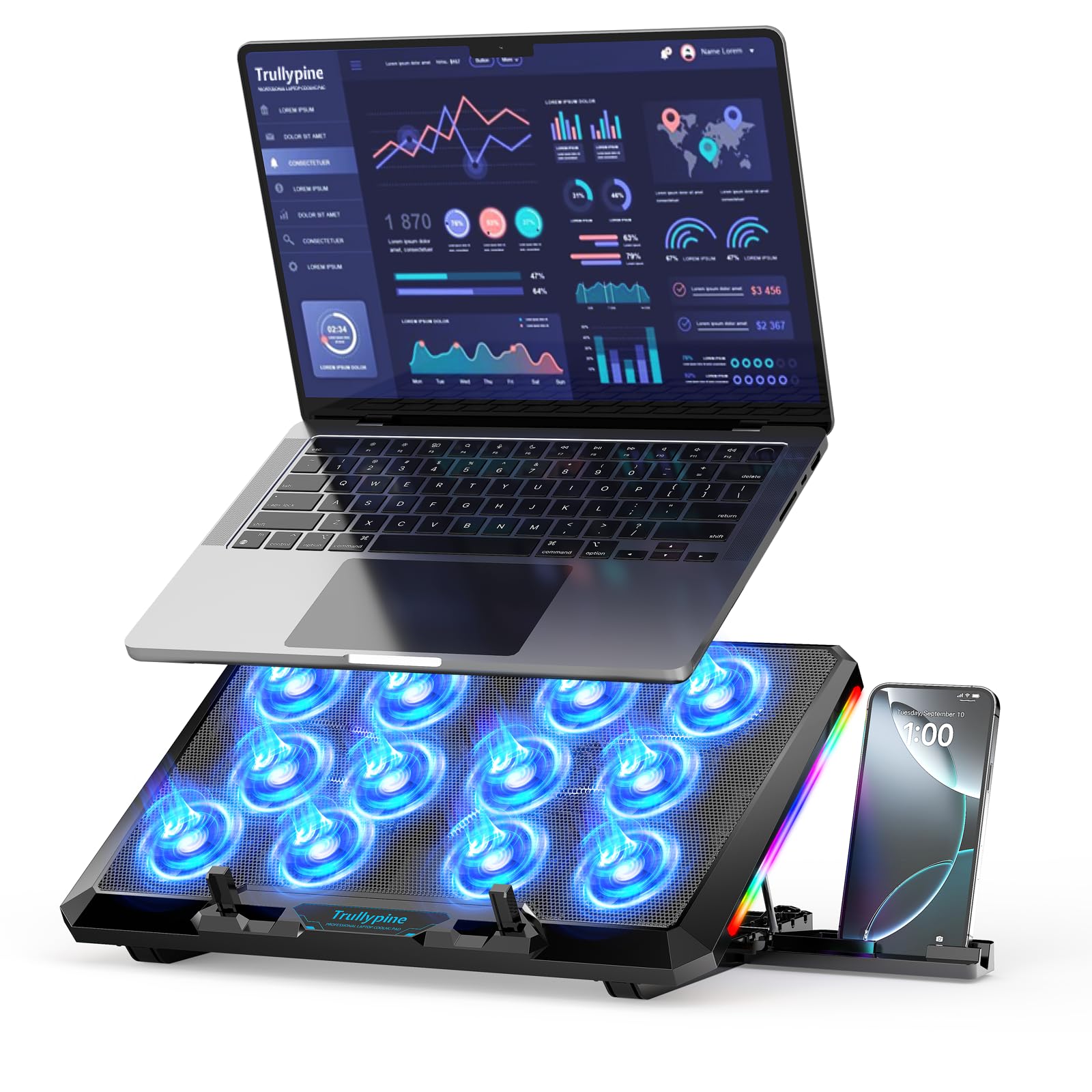 Trullypine Laptop Cooling Pad with 12 Quiet Fans, Slim Portable for 12-17.3 Inch Laptop Cooler Stand with 5 Height Adjustable, Ergonomic Gaming Cooling Fan Pad with Two USB Ports & Phone Holder (Gear)