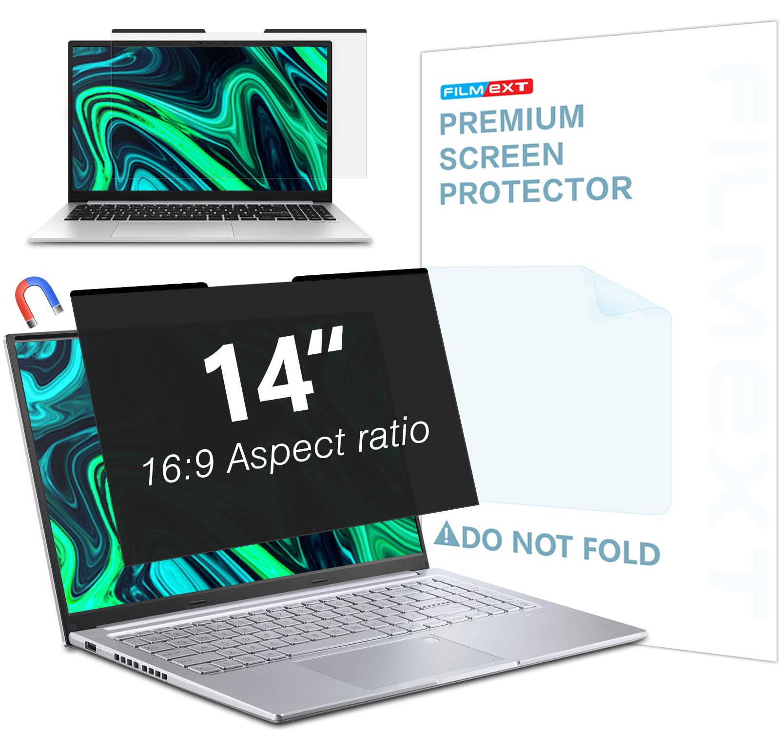 Photo 1 of FILMEXT Magnetic Laptop privacy screen 14 inch for 16:9 Widedisplay, Removable Laptop Privacy Screen Shield Anti Glare Blue Light Filter for HP/Dell/Acer/Lenovo/Asus