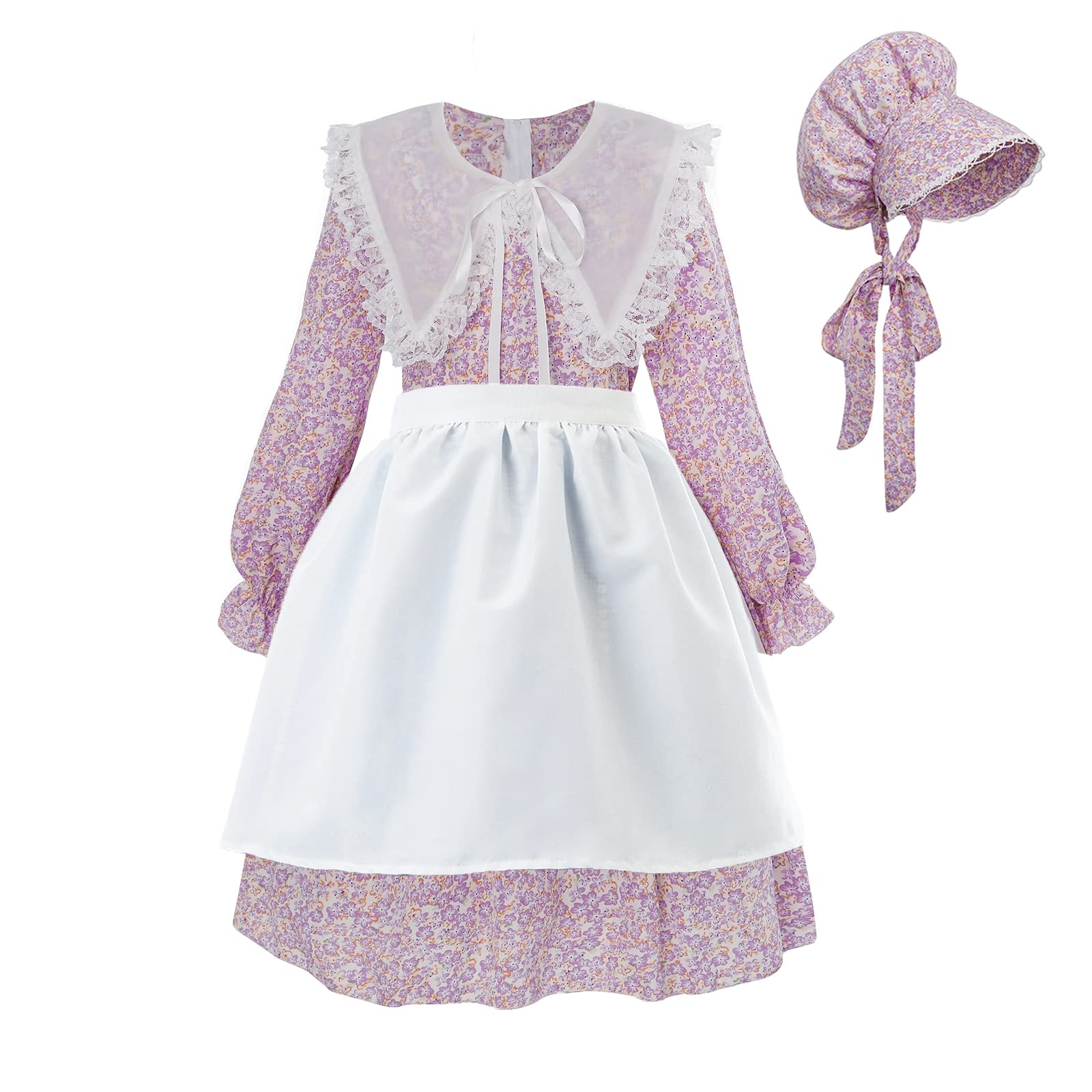 Photo 1 of LTAKK Prairie Dresses for Girls Pioneer Colonial Costume Girl Pilgrim Dress with Shawl, Apron and Bonnet, Violet, X-Large