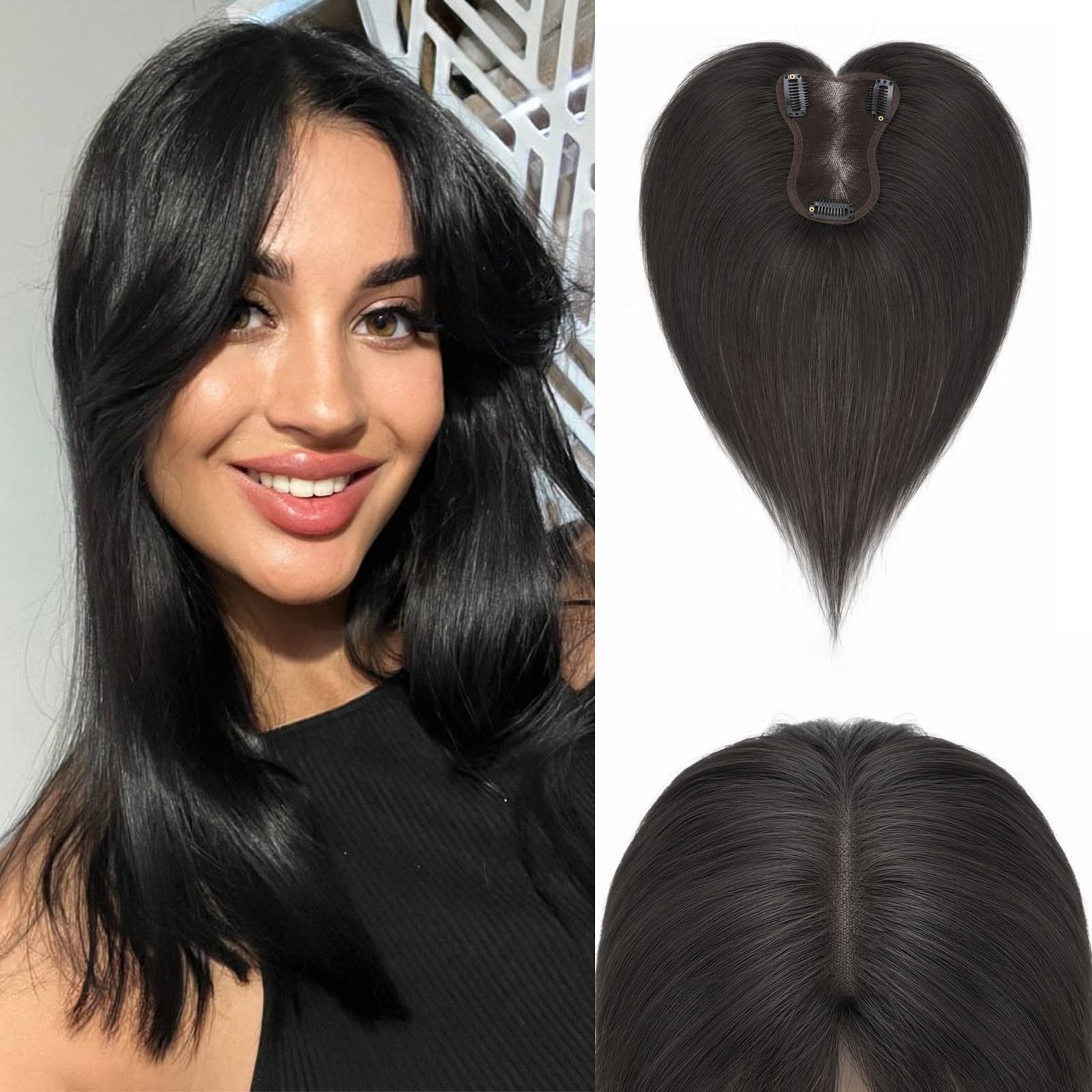 Photo 1 of S-noilite Hair Toppers for Women Real Human Hair, 360°3D Cover Clip in Bangs 8 * 11inch Handmade Base Human Hair Topper with Side Bangs(Jet Black,11Inch)