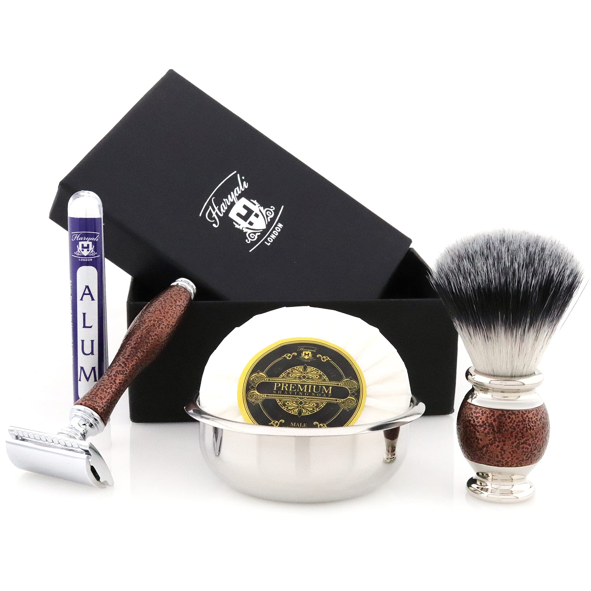 Men’s 5Pcs Shaving Set – Double Edge Safety Razor, Shaving Brush, Bowl, Soap & Alum Block – Classic Wet Shaving Kit for Smooth & Precise Grooming