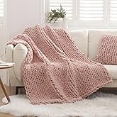 WESHIONGOO Chunky Knit Blanket Throw 51"×63" Knitted Throw Blankets for Couch Bed Fluffy Soft Blanket with Jumbo Chenille Yarn Thick 100% Handmade (Pink)