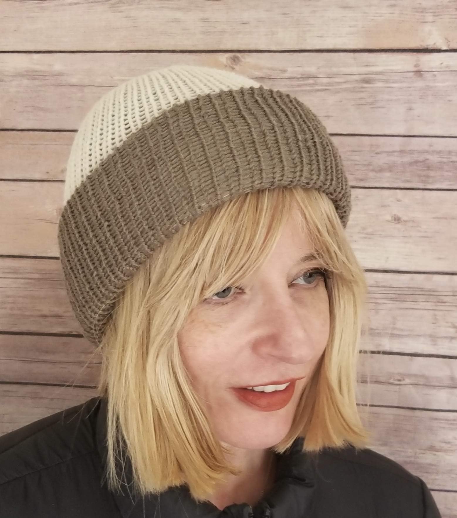 Mens Reversible Taupe and White Beanie
