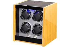 JINS&VICO Watch Winder for Automatic Watches,High-end 4 Watch Winders with Bamboo Pattern High Gloss Finish,Built-in Illumination,Retractable Watch Pillows,4 Mode Settings, AC Adapter Charger