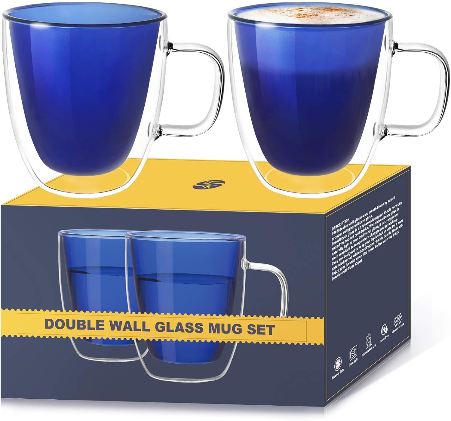 TKS Glass Coffee Mugs, Double Wall Glasses Espresso Mugs, Large Glass Coffee Cups, Glass Coffee Mugs With Handle(Set of 2) - 11.8oz, Coffee Mug for Women and Men Gifts, Clear Blue