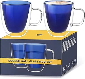 TKS Glass Coffee Mugs, Double Wall Glasses Espresso Mugs, Large Glass Coffee Cups, Glass Coffee Mugs With Handle(Set of 2) - 11.8oz, Coffee Mug for Women and Men Gifts, Clear Blue